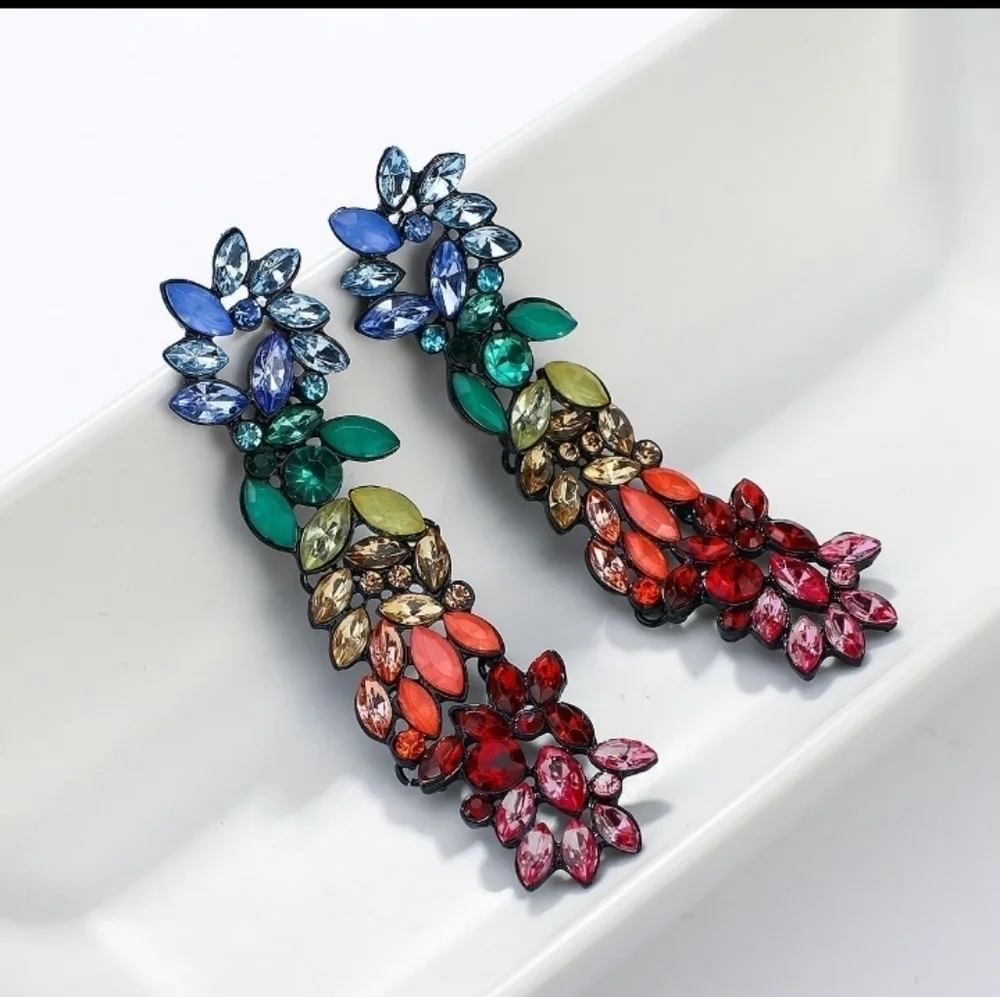 Rainbow Crystals Floral Cascade Statement Earrings